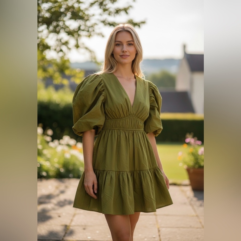 Japna Green Ruffled Puff Sleeve Mini Sundress